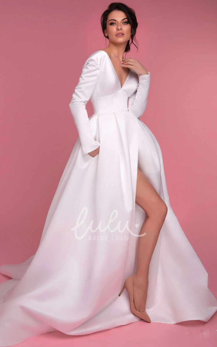 Modern Satin Long Sleeve Wedding Dress with Ball Gown Silhouette and Split Front