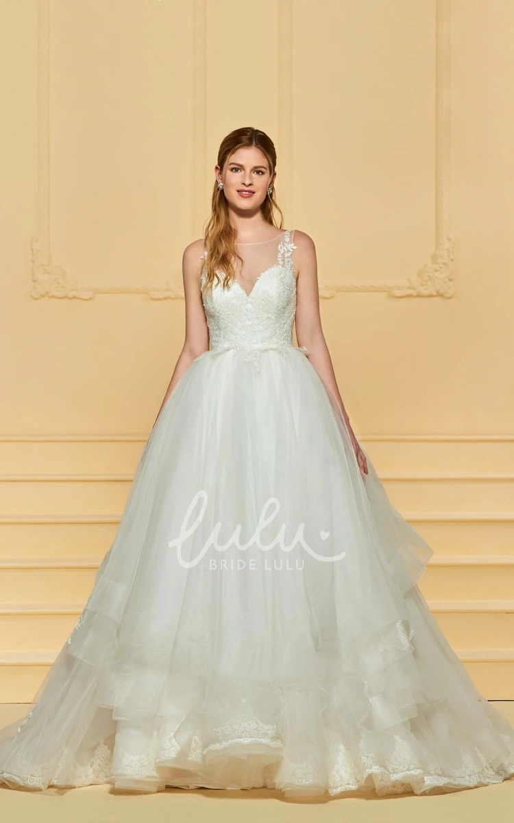 Cute Ruffled Lace Wedding Dress with Illusion Button Back and Sleeveless Design