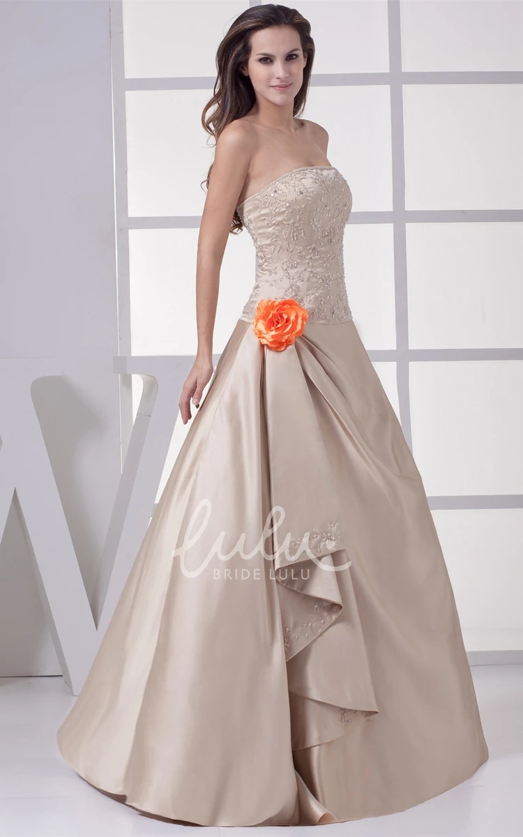 Strapless A-Line Satin Evening Gown with Beading Formal Dress