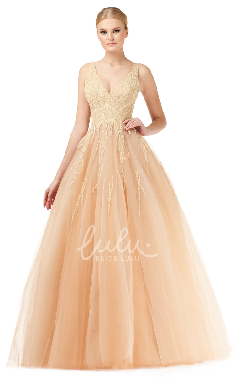 Ball Gown Elegant V-neck Tulle Floor-length Formal Dress Elegant Tulle Formal Dress with V-neck and Floor-length