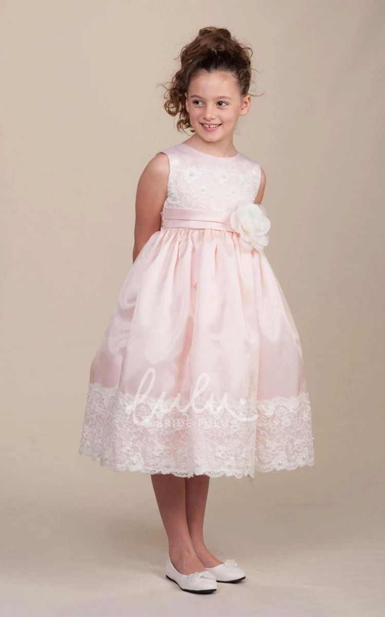 Floral Lace&Satin Tea-Length Flower Girl Dress with Pleated Skirt and Sash