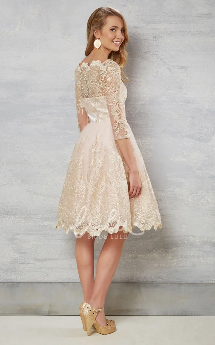 Illusion Bateau-Neck Lace Wedding Dress with 3/4 Sleeves A-Line Knee-Length