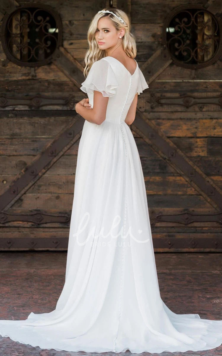 Chiffon Modest A-Line Floor-length Wedding Dress with Ruffles Modest Wedding Dress