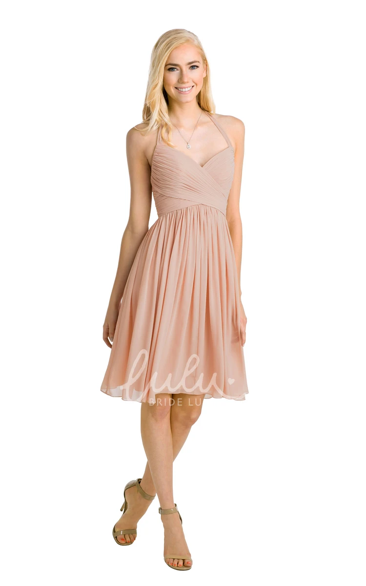 Halter Sleeveless Chiffon Bridesmaid Dress Knee-Length Criss-Cross Multi-Color