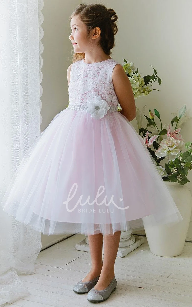 Tiered Tulle and Lace Flower Girl Dress Tea-Length with Floral Print