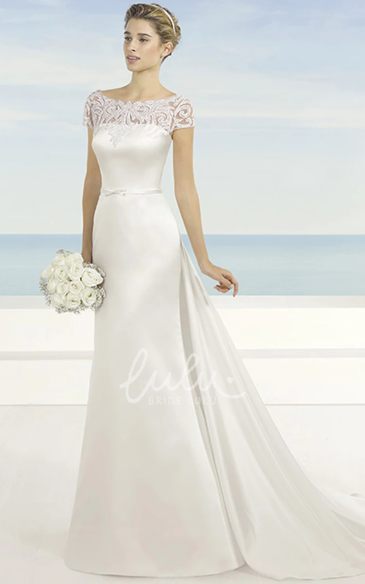 Satin Appliqued Short-Sleeve Wedding Dress with Bateau Neckline