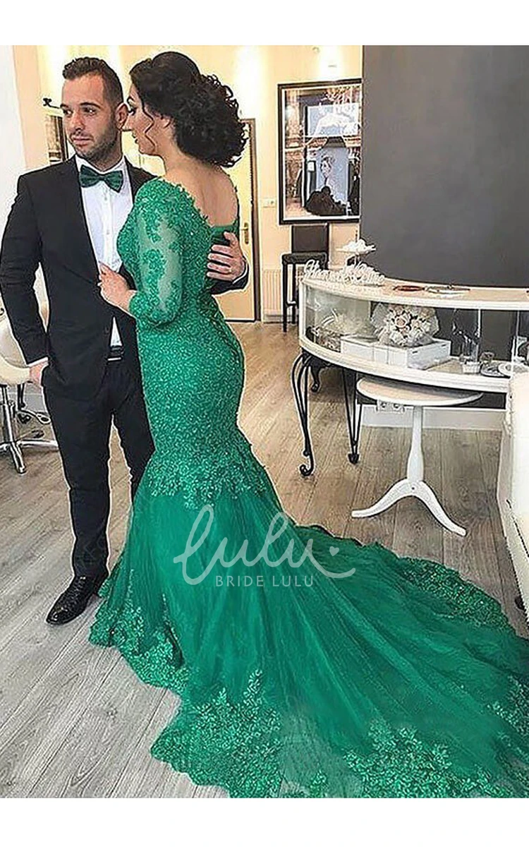 V-neck Lace Tulle Mermaid Prom Dress with 3/4 Length Sleeves