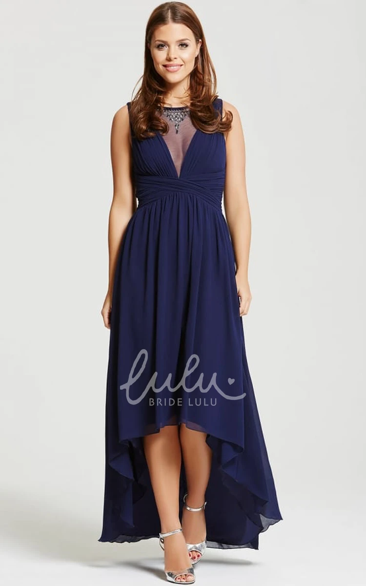 Ruched Bateau Neck Chiffon Bridesmaid Dress With Beading Sleeveless High-Low Unique