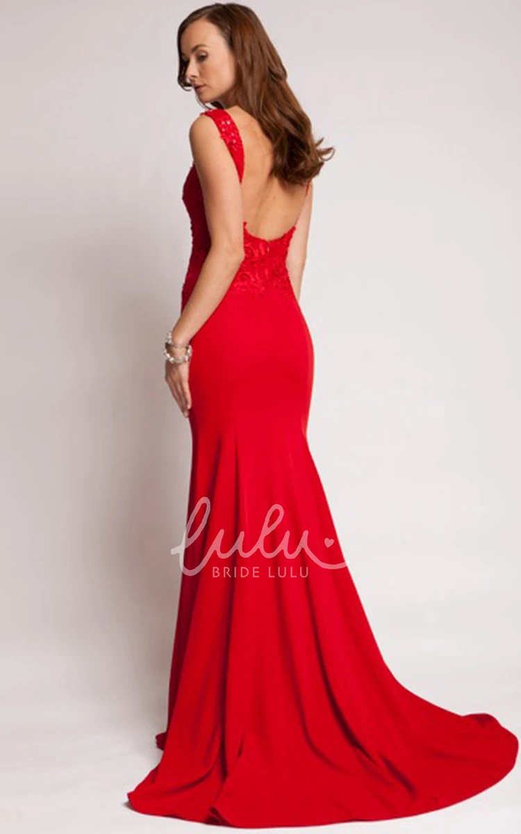 Lace Bateau Sleeveless Sheath Jersey Prom Dress with Backless Style and Sweep Train Modern Formal Dress