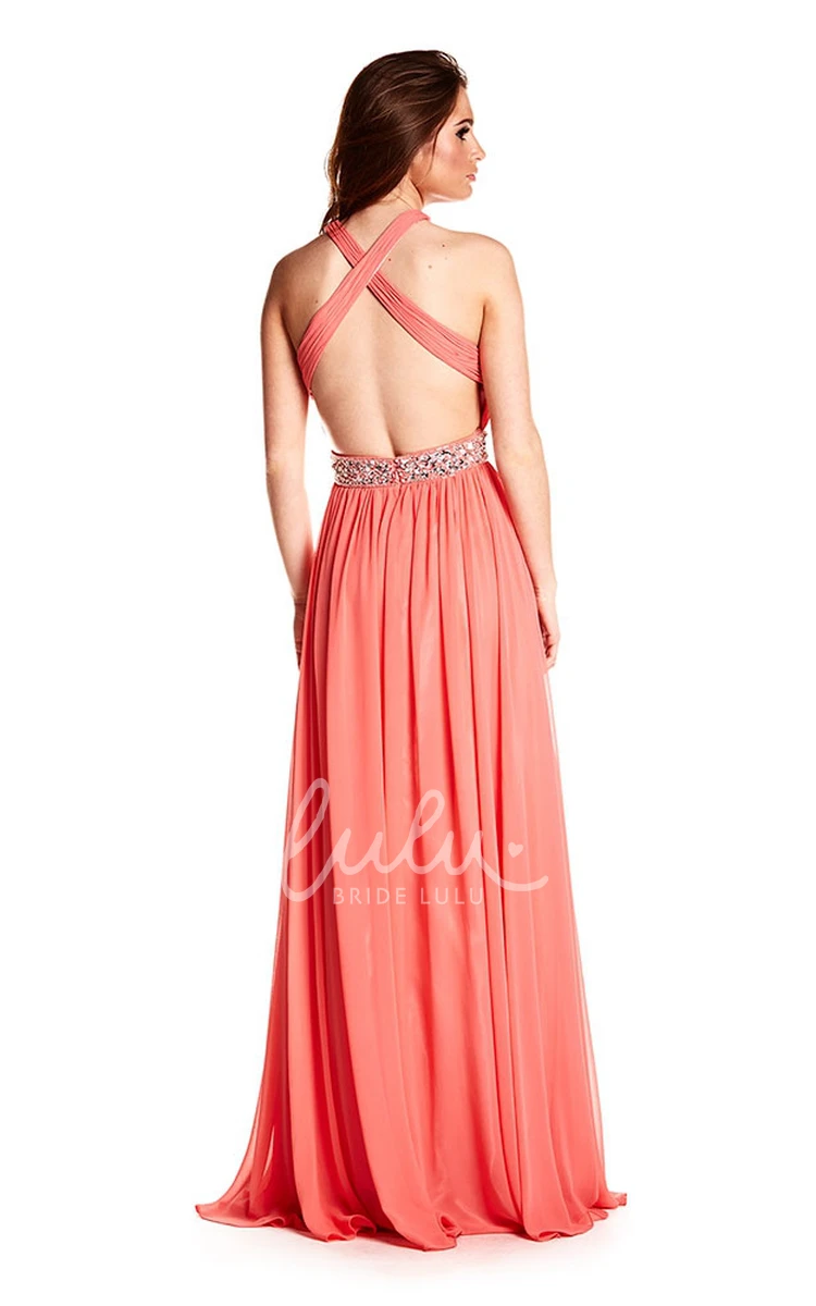 Halter Chiffon Prom Dress with Beading Straps and Sleeveless Design