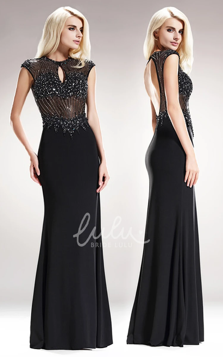 Jewel-Neck Cap-Sleeve Jersey Prom Dress with Beading Sheath