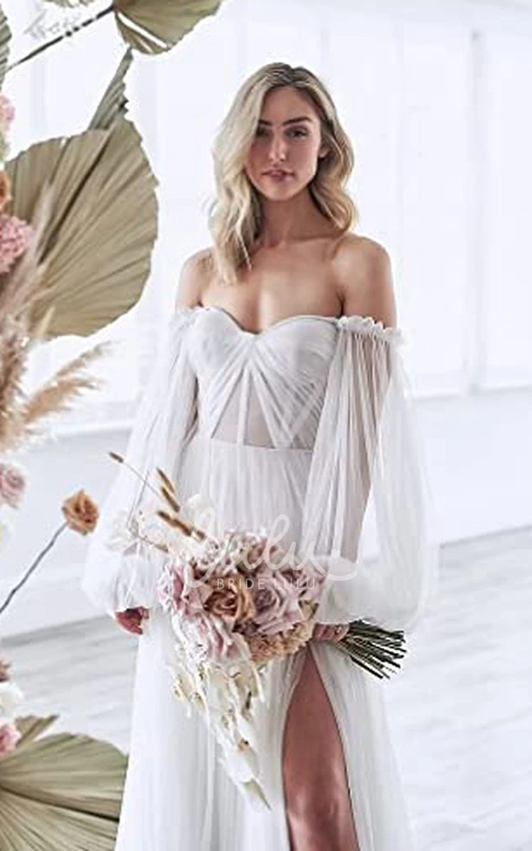 Adorable Tulle Beach Wedding Dress with Illusion Sleeves A-Line Off-the-Shoulder