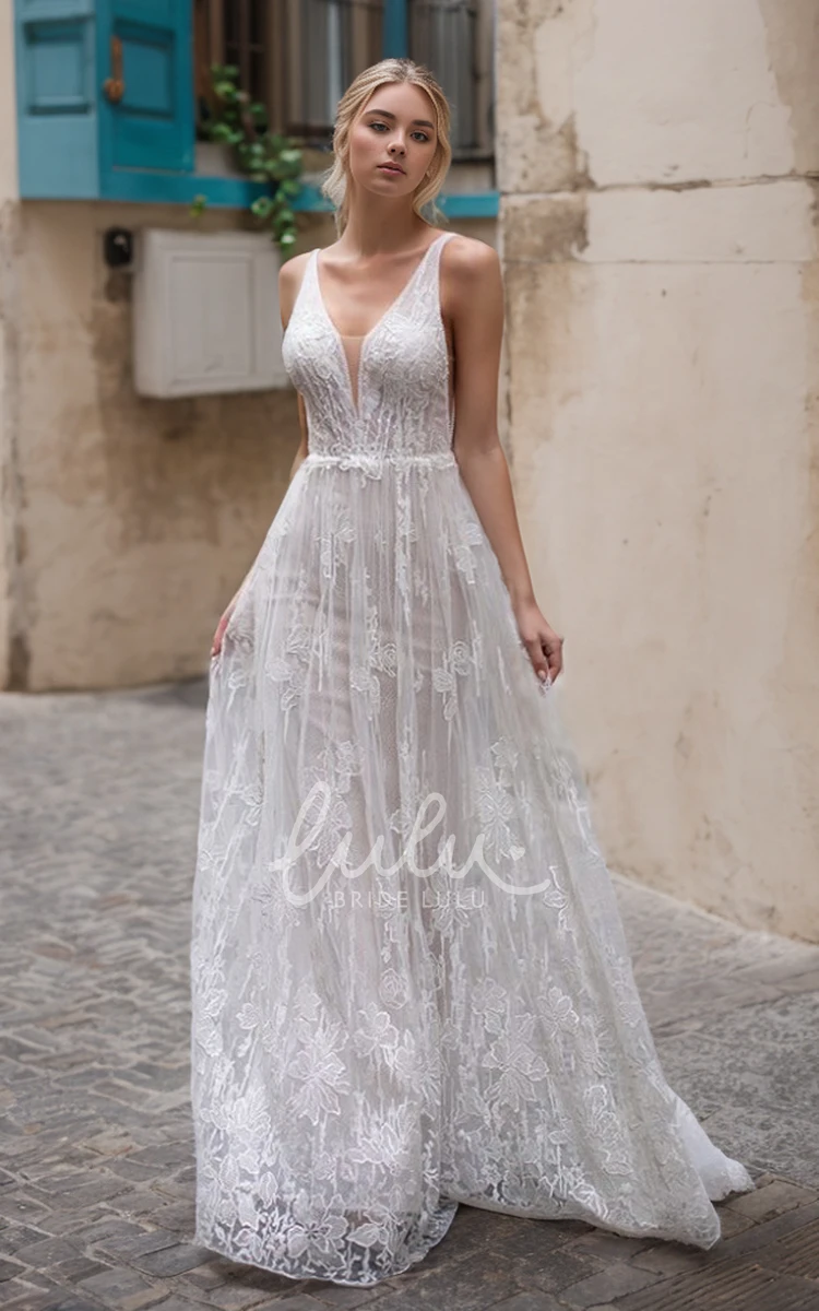 Boho Romantic A-Line V-Neck Lace Applique Wedding Dress Floral Beach Garden Backless Maxi Bridal Gown