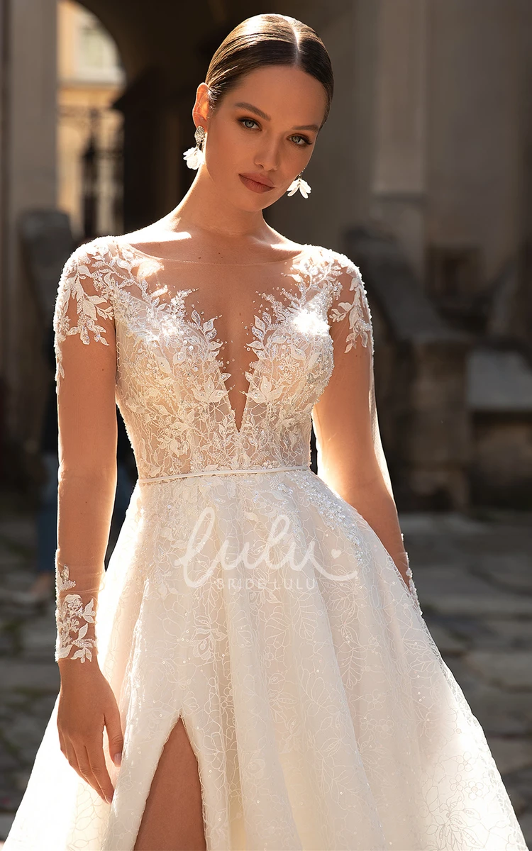Casual A Line Tulle Wedding Dress with Plunging Neckline Split Front and Beading