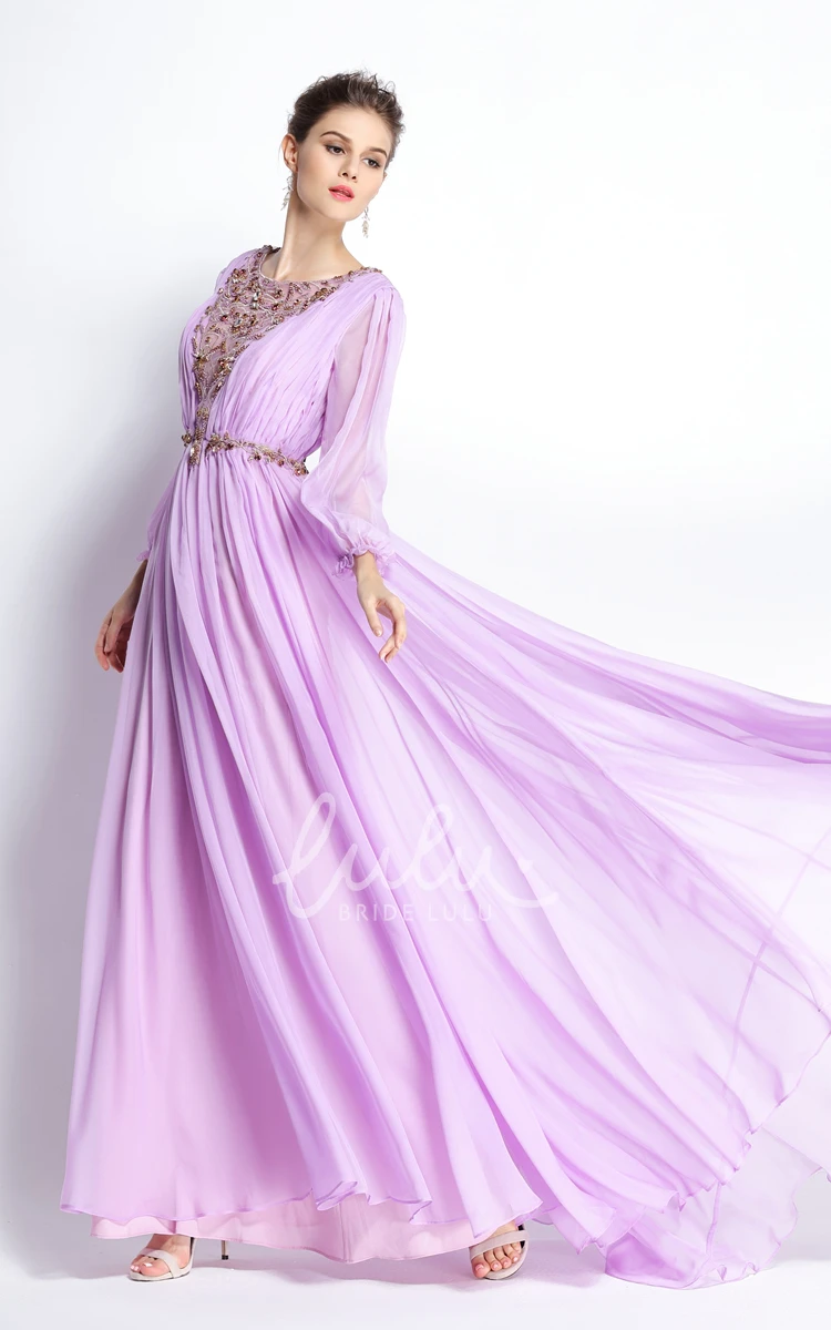 Long Sleeve A-Line Chiffon Prom Dress with Beading and Pleats Floor-length Sweep Brush Train