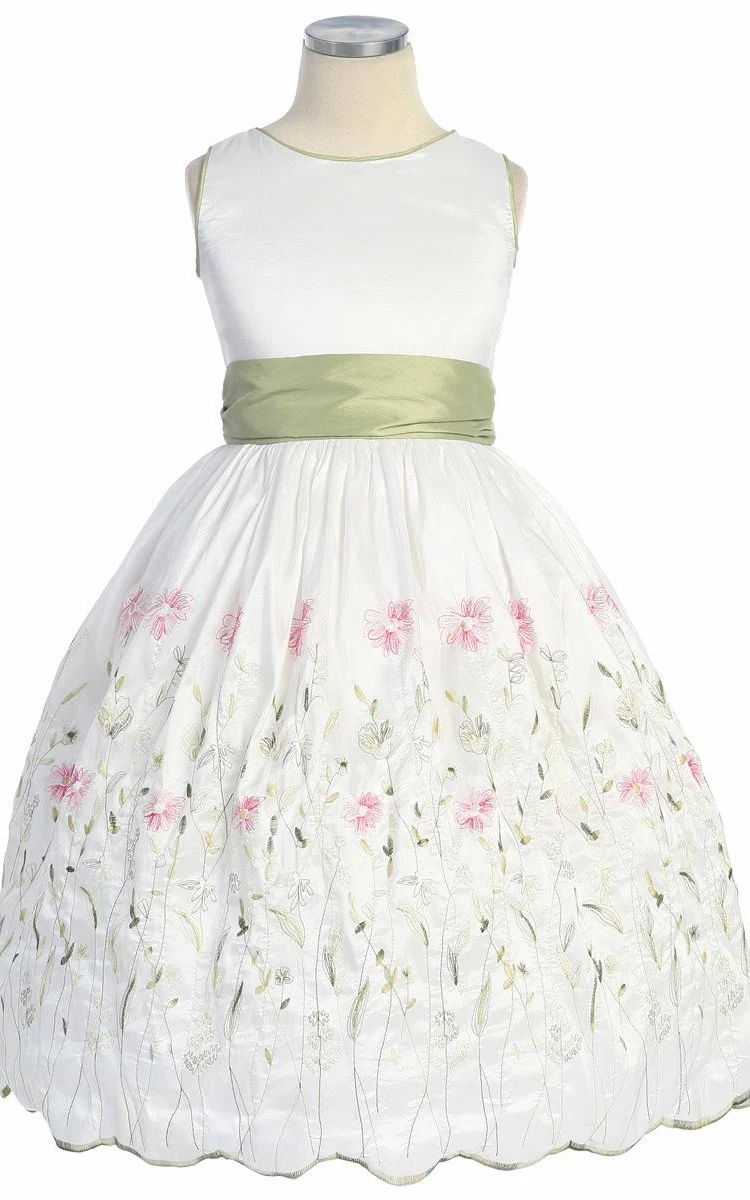 Embroidered Taffeta Tea-Length Flower Girl Dress with Floral Bow