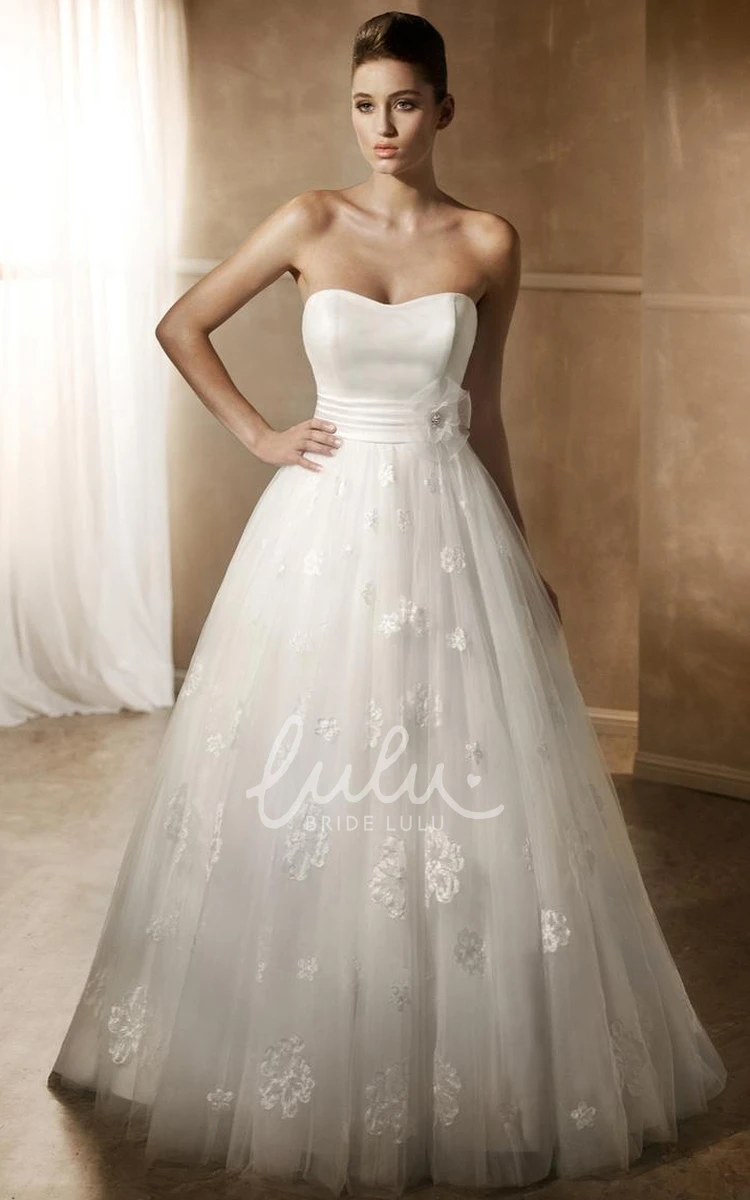 Strapless Tulle&Satin Ball Gown Wedding Dress with Appliques and Deep-V Back