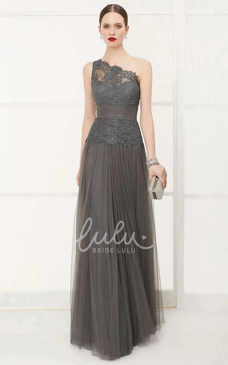 One Shoulder A-Line Tulle Prom Dress with Lace Top and Sequins