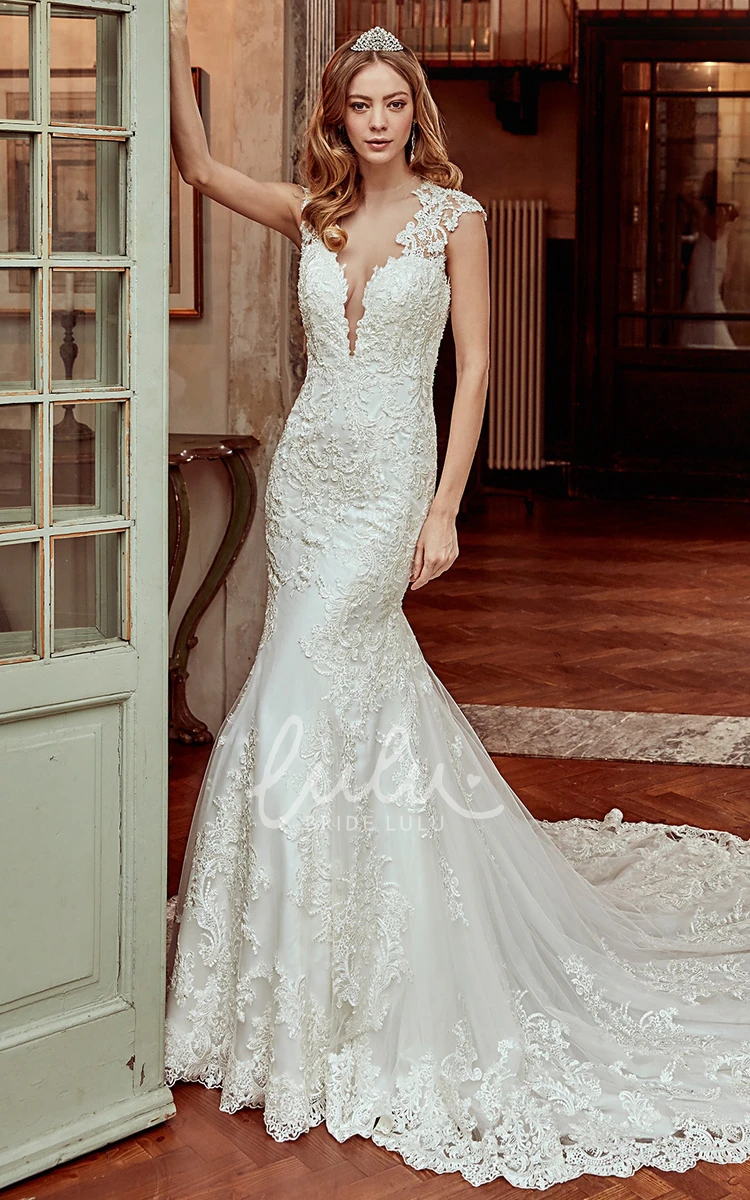 Sheath Lace Wedding Dress with Cap-Sleeve Brush Train and Open Back Modern Wedding Dress Women