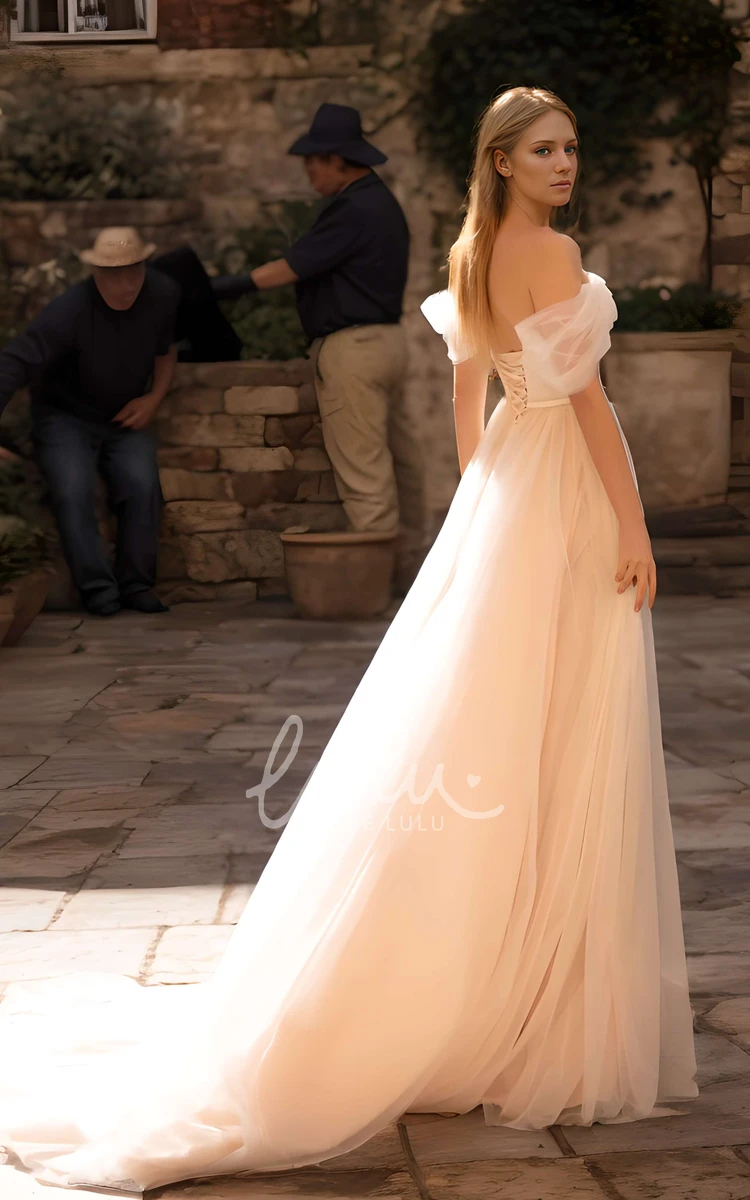 Modern Whimsical A-Line Off the Shoulder Boho Wedding Dress Princess Backless Beaded Sequin Bridal Gown