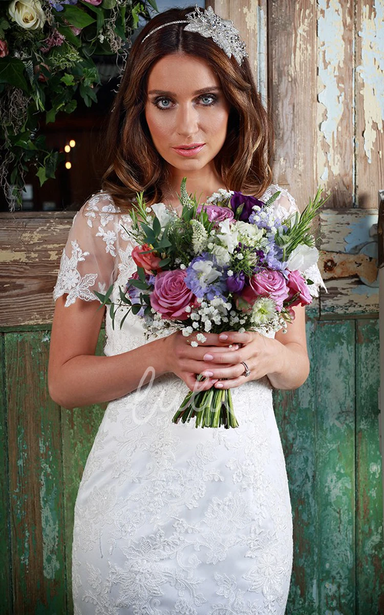 Illusion Appliques Lace Wedding Dress with Short-Sleeve Bateau-Neck Sheath