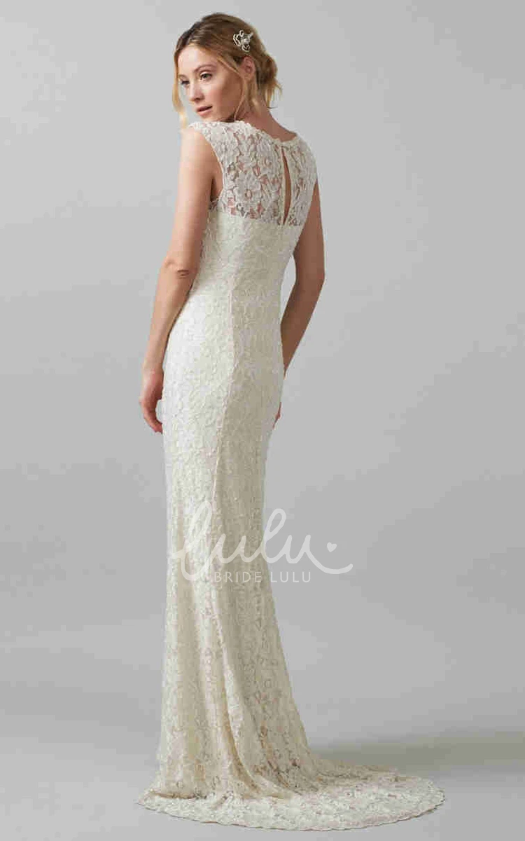 Lace Jewel-Neck Sheath Wedding Dress with Brush Train Elegant Bridal Gown