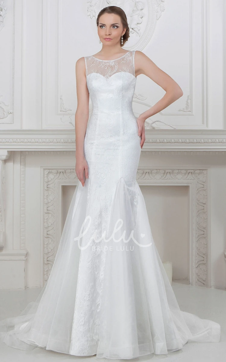 Sleeveless Sheath Wedding Dress with Appliqued Lace and Satin Scoop-Neck Long