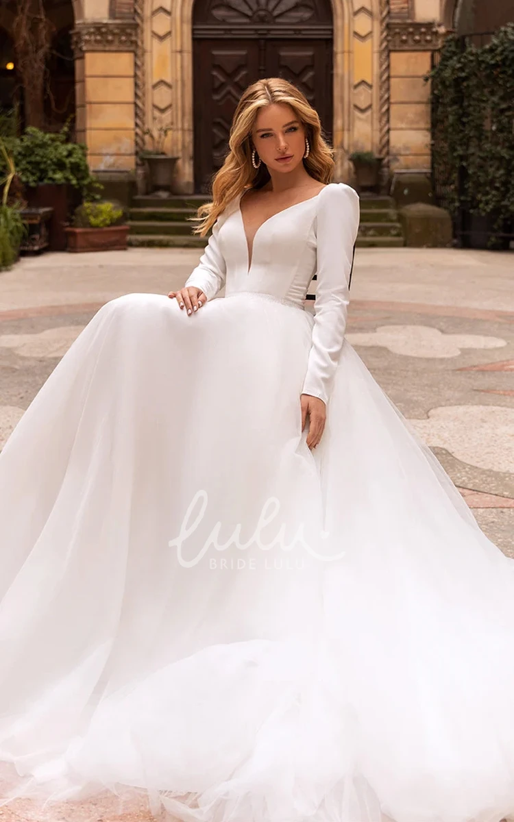 Satin V-neck Ball Gown Wedding Dress with Ruching Elegant and Simple