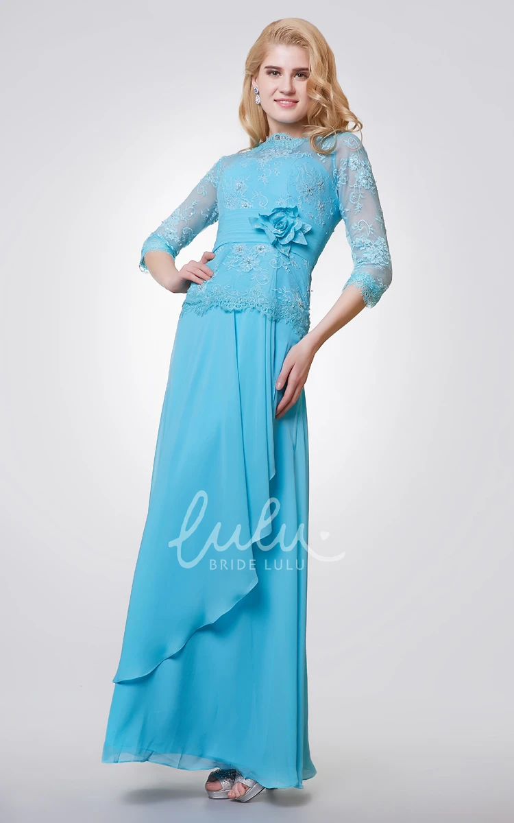 Long Lace and Chiffon Formal Dress with Side Draping 3/4 Sleeves