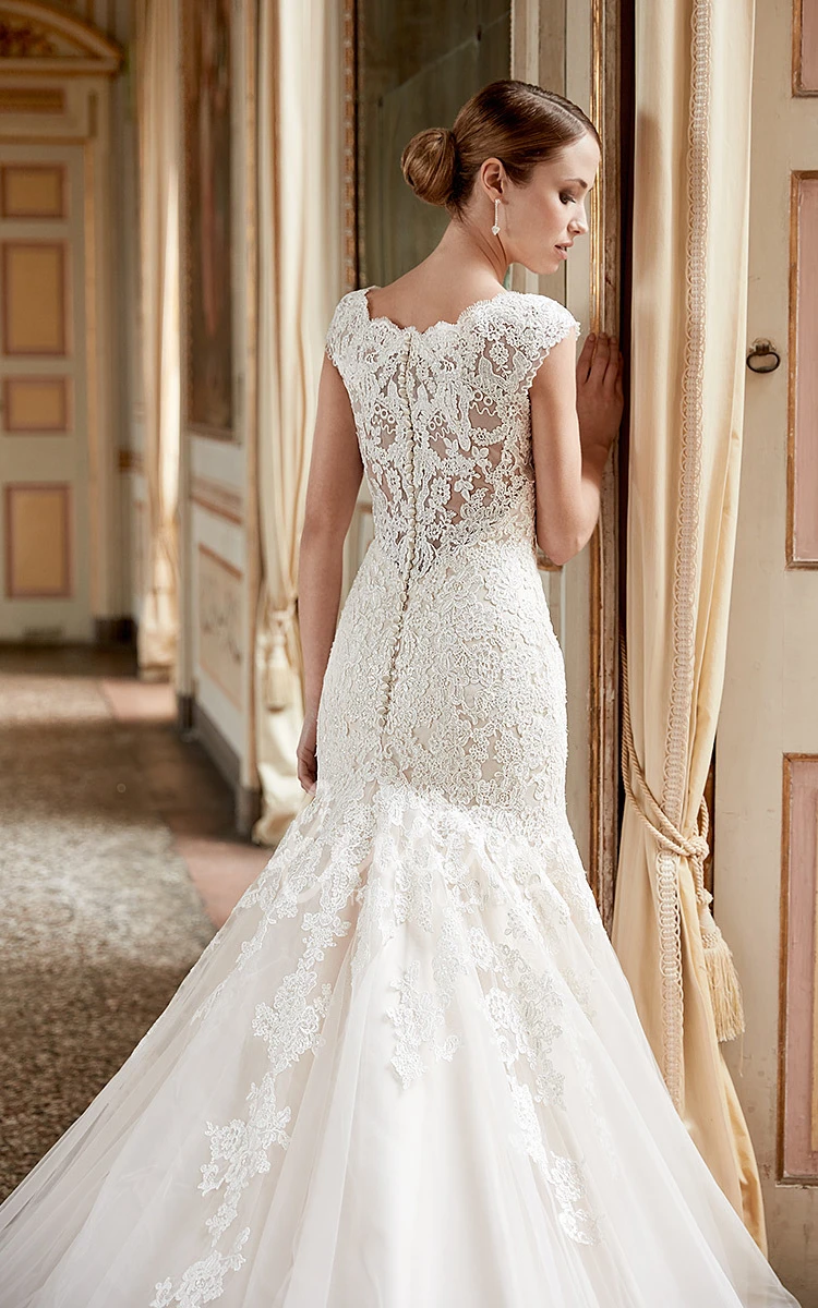 Cap-Sleeve Scoop-Neck Lace&Tulle Mermaid Wedding Dress