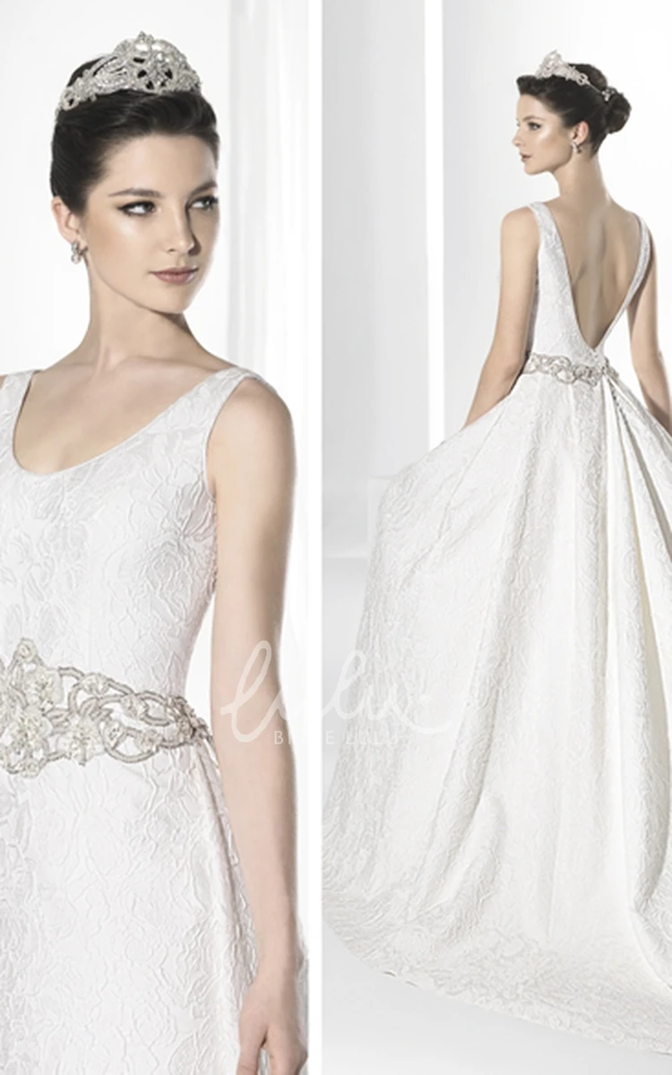 Chiffon Long-Sleeve Wedding Dress with Jeweled Detail V-Back and Scoop Neckline