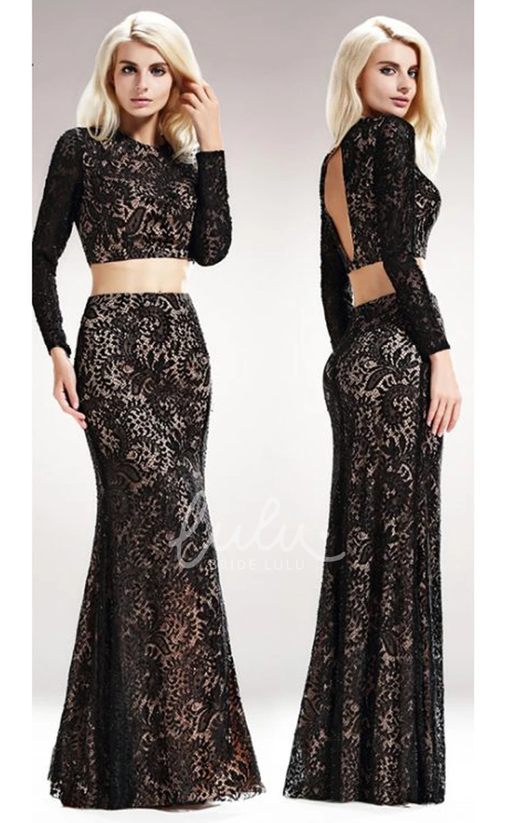 Two-Piece Lace Trumpet Floor-Length Dress with Scoop Neck and Long Sleeves