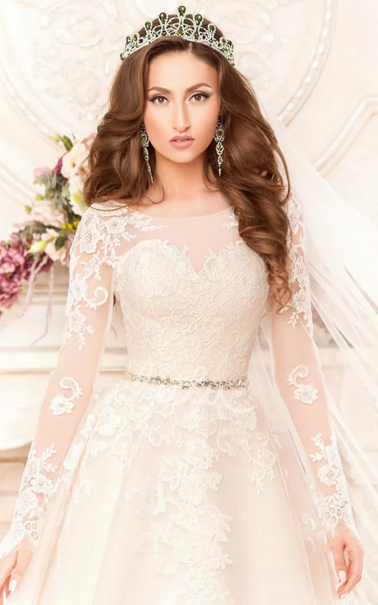 Long Sleeve Lace A-Line Wedding Dress with Scoop Neck and Waist Jewelry