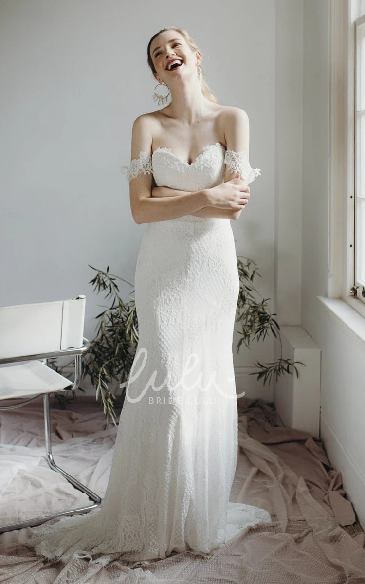 Elegant Lace Sheath Wedding Dress with Off-the-Shoulder Sweetheart Neckline and Buttons