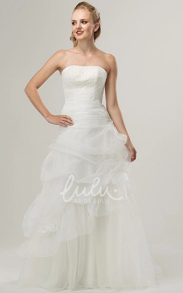 Tulle and Lace A-Line Wedding Dress with Pick Up Flower and Strapless Design