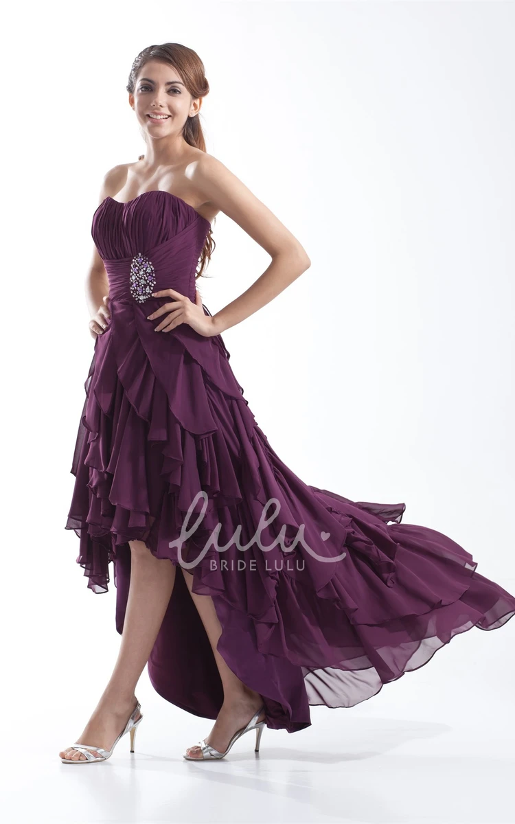 Cascading Ruffle Chiffon Formal Dress High-Low Beaded Women's