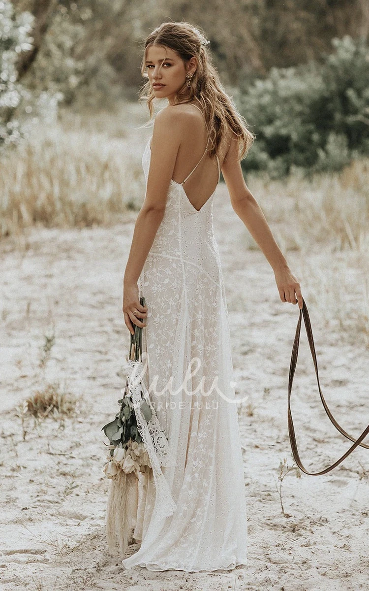 Sheath Lace V-neck Wedding Dress with Spaghetti Straps and Open Back