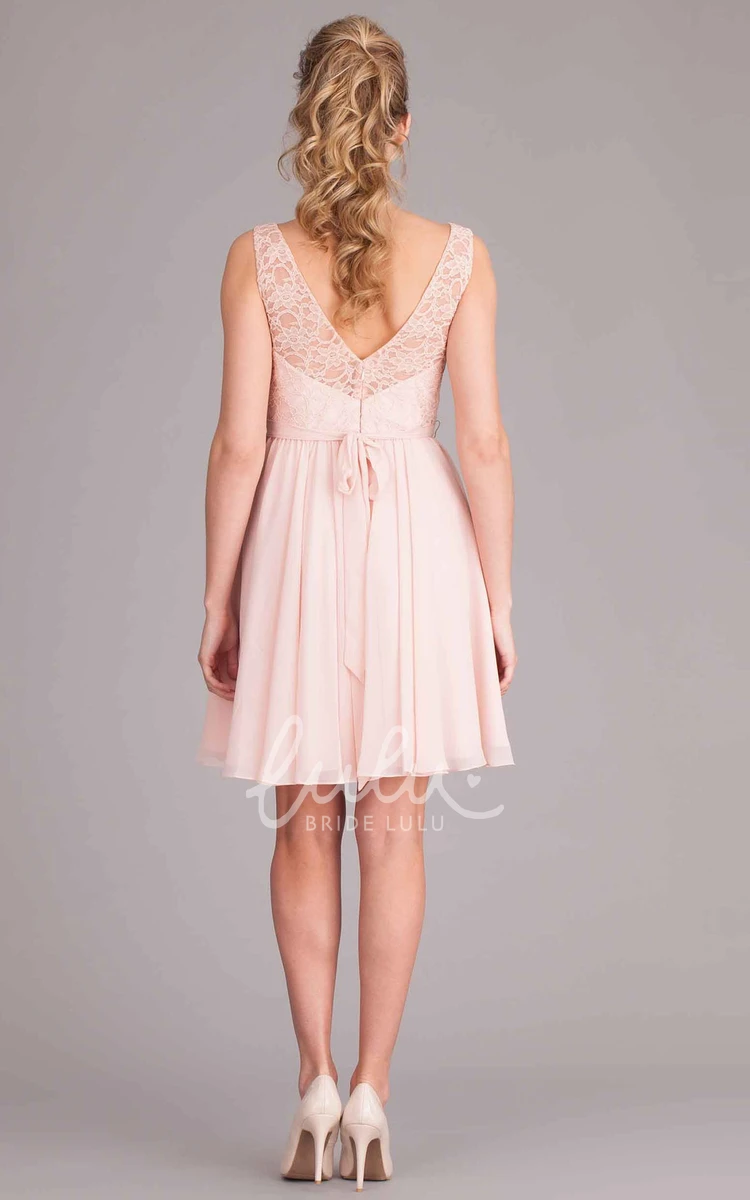 Lace V-Neck Sleeveless Bridesmaid Dress Mini Chiffon Style with Bow