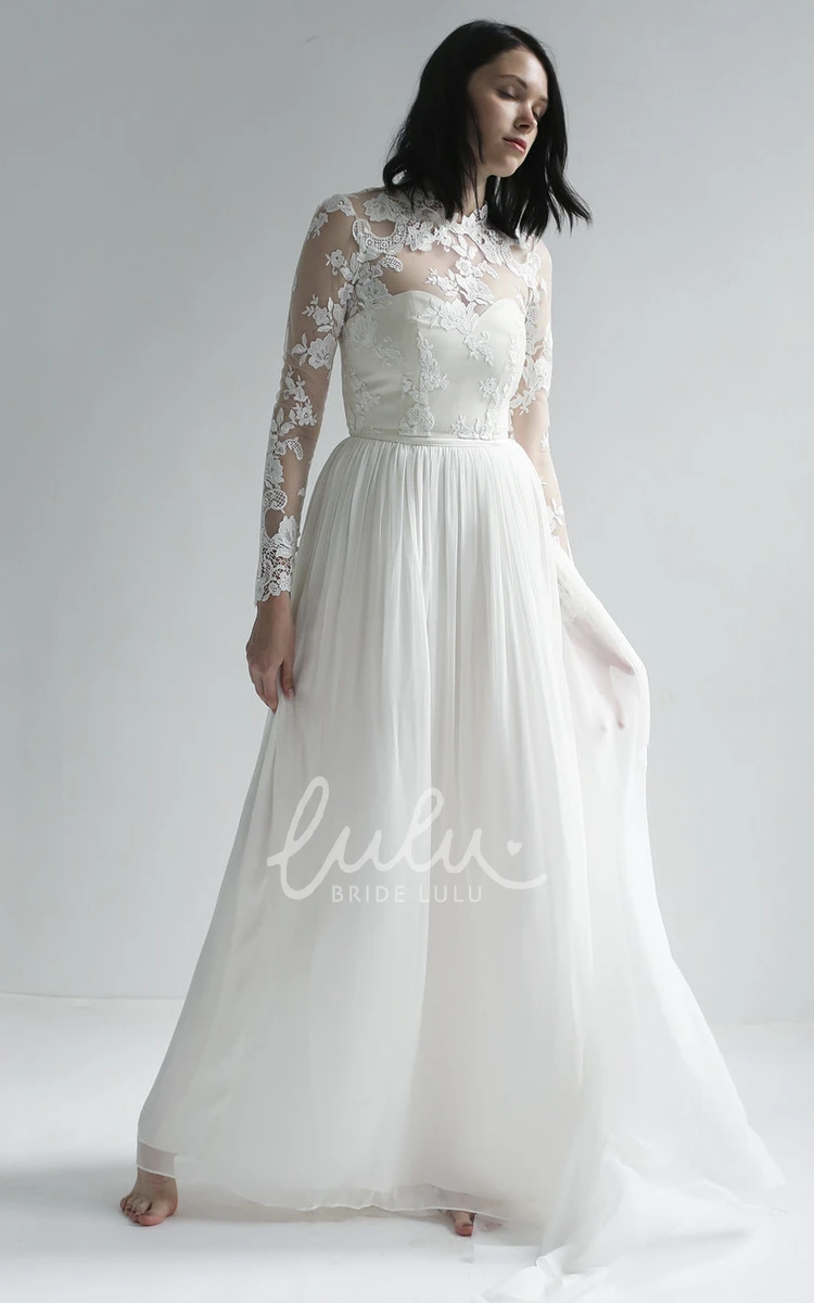 Vintage High Neck Lace Chiffon Wedding Dress with Long Sleeves