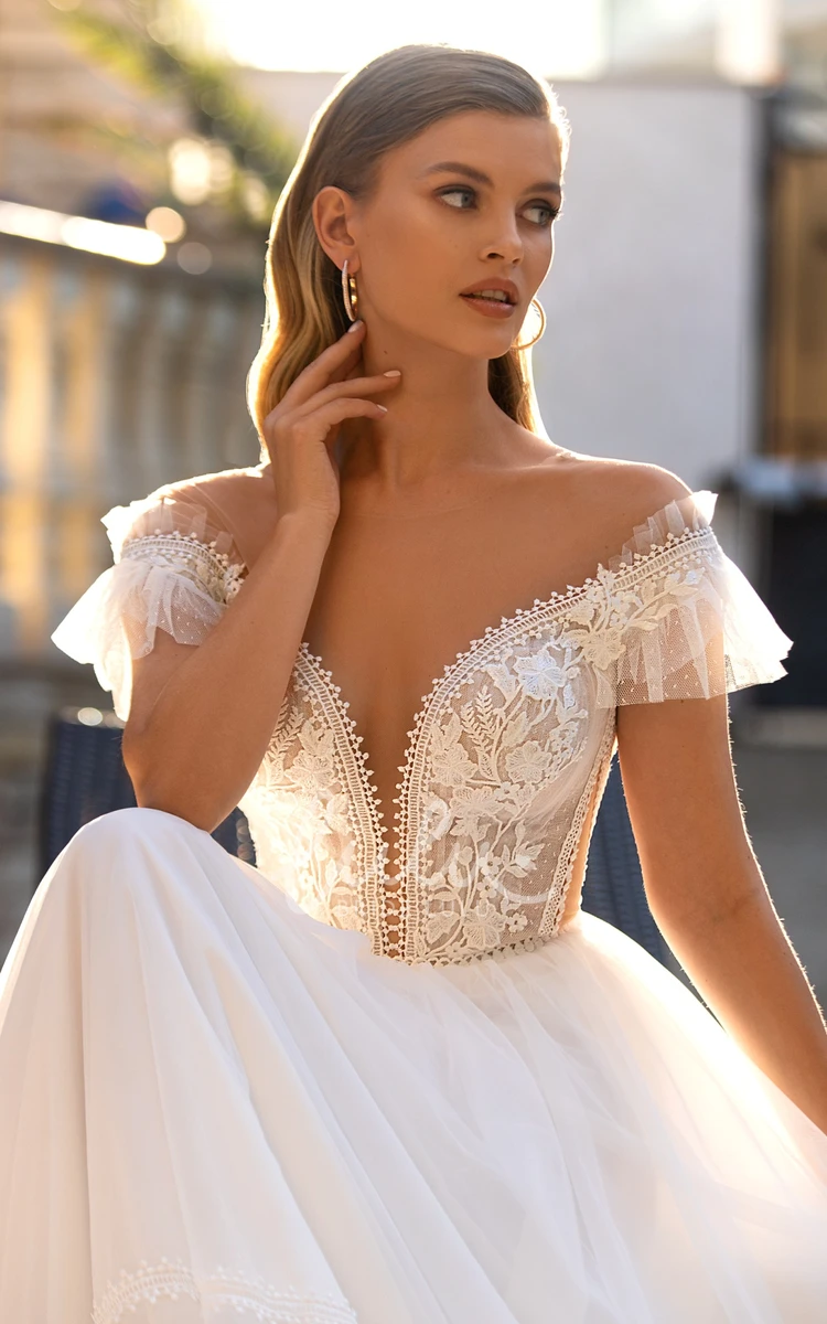 Lace A Line Wedding Dress with Court Train and Appliques Romantic and Beautiful