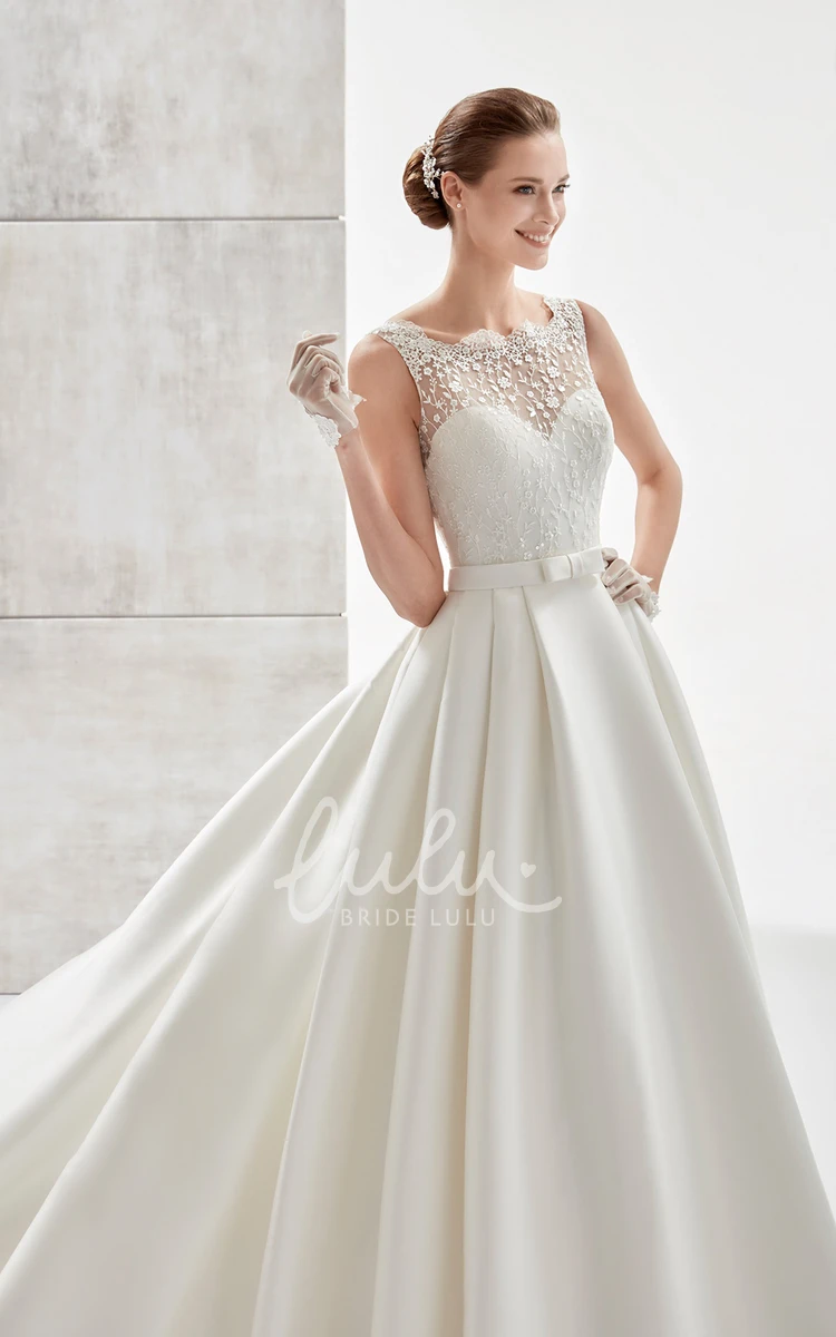 Lace Bodice Satin Skirt A-Line Wedding Dress Scallop-Neck Style