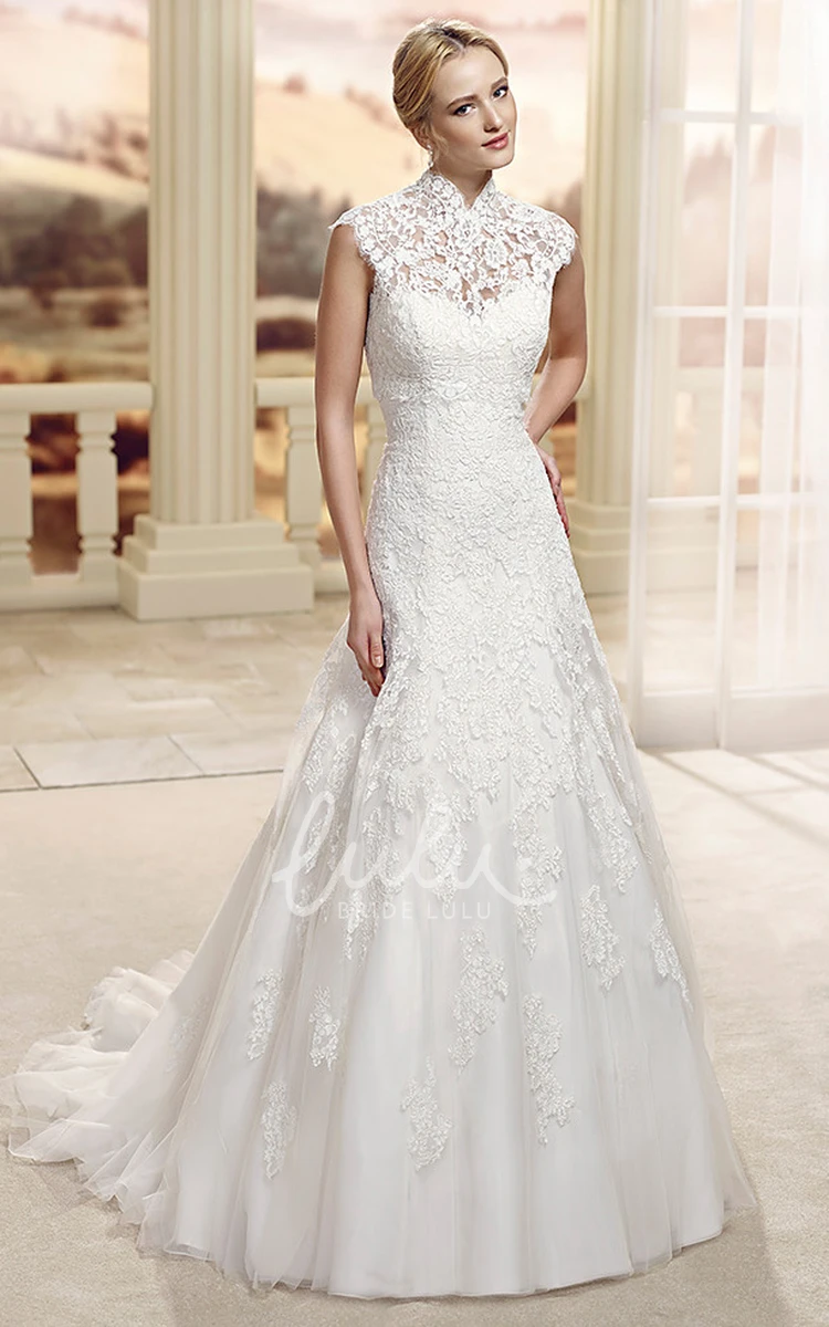 A-Line High-Neck Appliqued Lace Floor-Length Wedding Dress