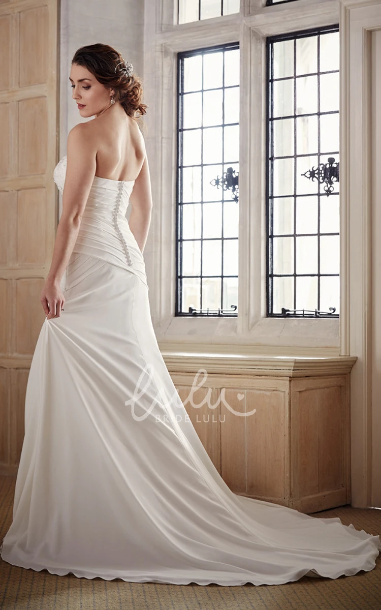 Strapless Appliqued Chiffon Wedding Dress with Court Train Long Flowy Bridal Gown Women