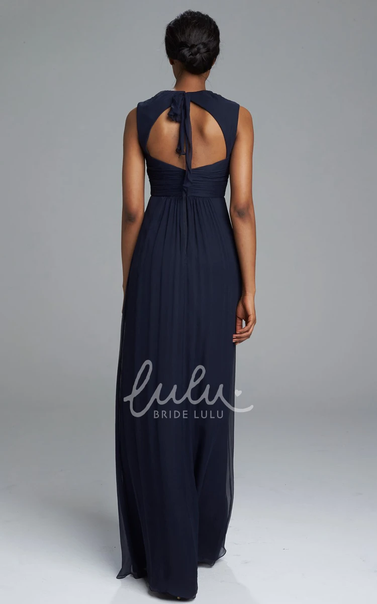 Empire Chiffon Bridesmaid Dress with Ruched Pleats Sleeveless Long Queen-Anne Sheath