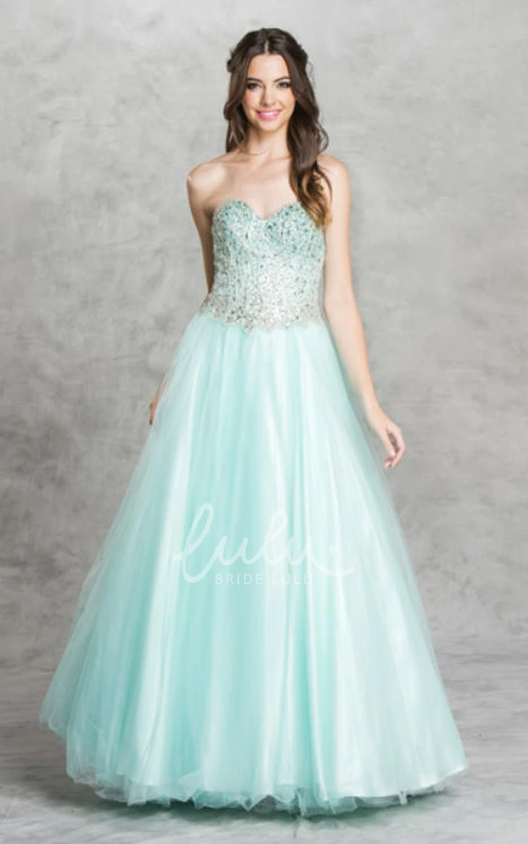 Long Sleeveless Tulle Satin A-Line Formal Dress with Sweetheart Neckline and Beading