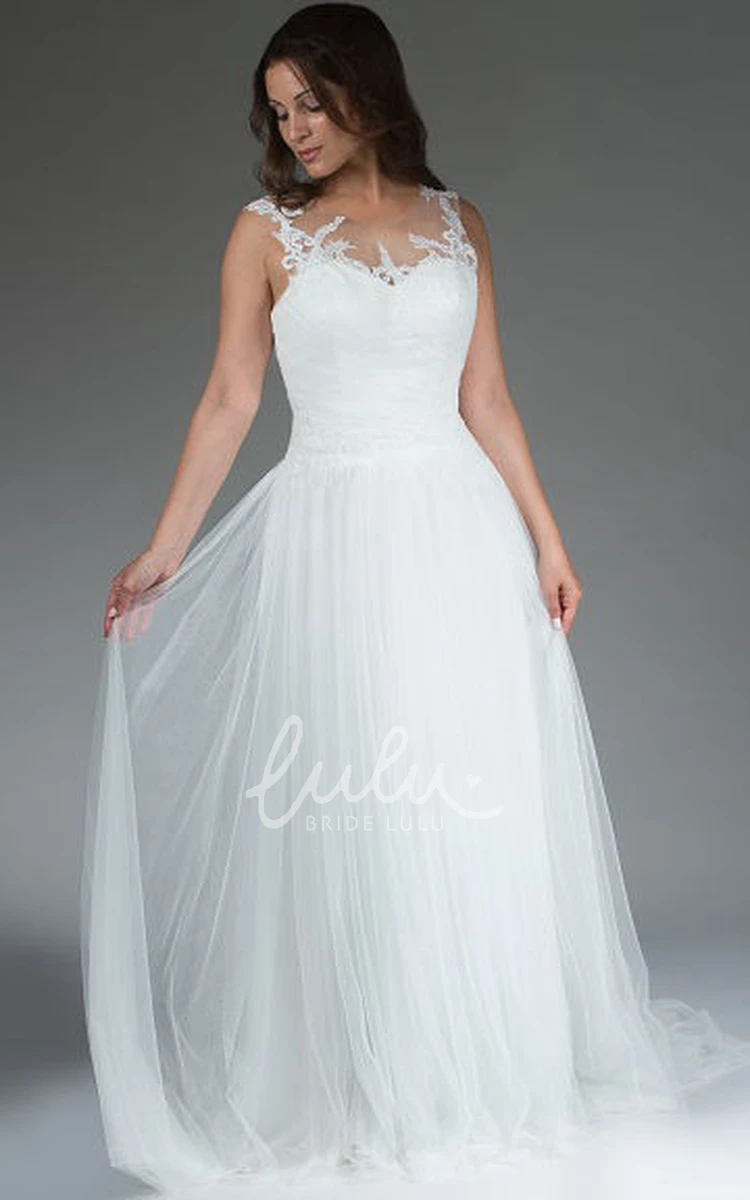 Embroidered Top A-Line Wedding Dress with Tulle Skirt and Illusion Neckline