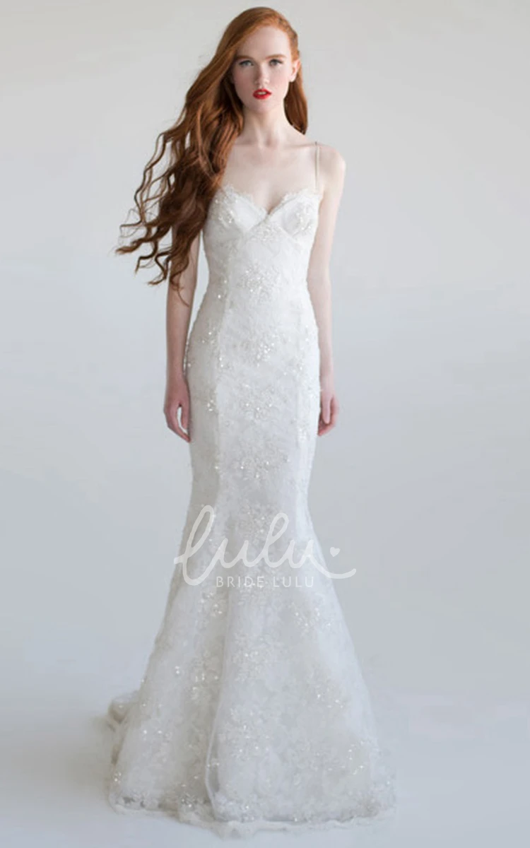 Spaghetti Beaded Lace Wedding Dress with Appliques Trumpet Sleeveless