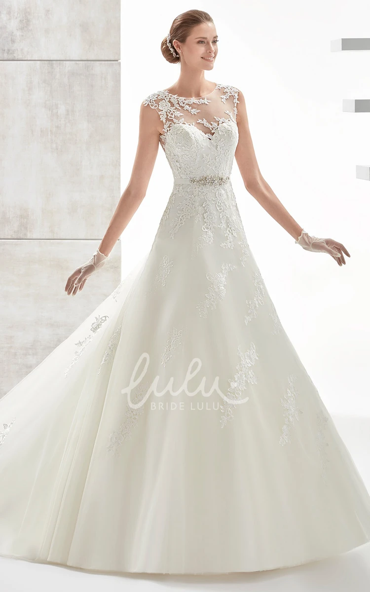 Beaded Belt Illusive A-Line Wedding Dress Jewel-Neck Style