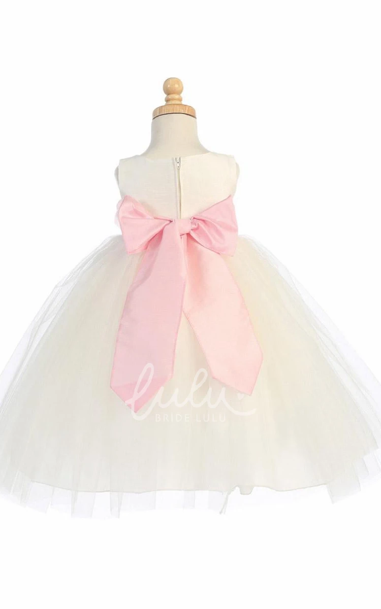 Tiered Tulle Tea-Length Flower Girl Dress with Floral Accents
