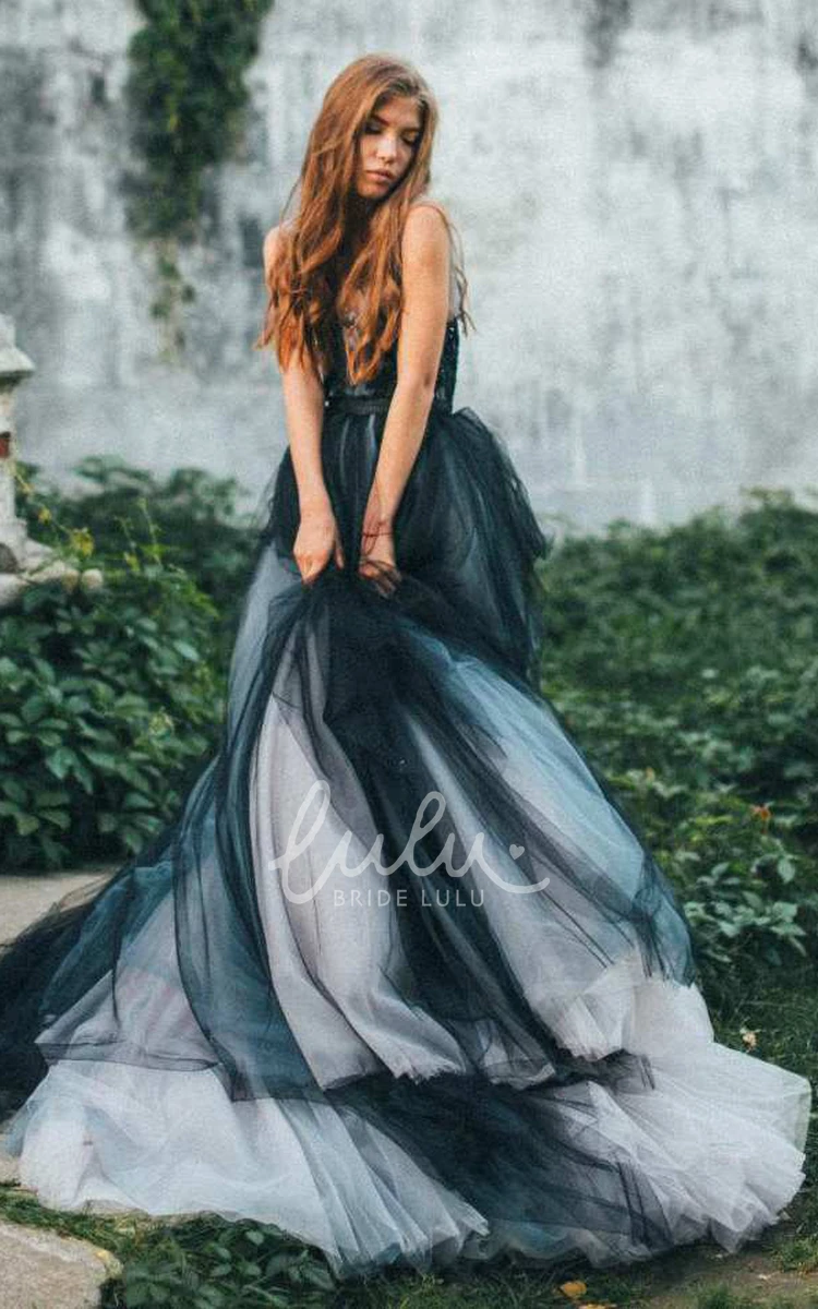 Black and Grey Gothic A-Line Boho Lace Wedding Dress Sexy Flowy Sleeveless Deep-V Back Tulle Bridal Gown with Train